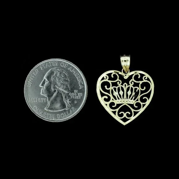 10K Yellow Gold Diamond Cut Heart & Crown Pendant